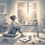 Person sitting alone near a window in a quiet room, looking reflective, while warm light suggests the possibility of connection and support beyond their immediate surroundings.