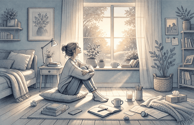 Person sitting alone near a window in a quiet room, looking reflective, while warm light suggests the possibility of connection and support beyond their immediate surroundings.