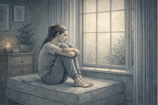 Young woman sitting alone by a window, looking withdrawn and contemplative, illustrating the social isolation and internal struggle that can signal the early stages of an anorexia relapse.