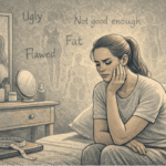Person sitting quietly in a softly lit room, looking contemplative while touching their face, reflecting the internal struggle associated with body dysmorphia.