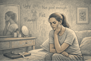 Person sitting quietly in a softly lit room, looking contemplative while touching their face, reflecting the internal struggle associated with body dysmorphia.