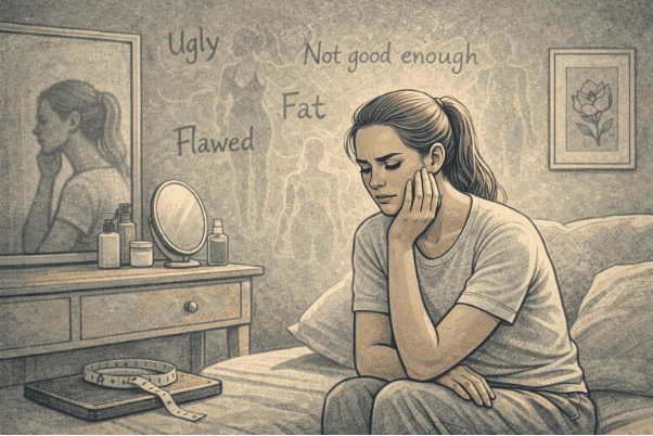 Person sitting quietly in a softly lit room, looking contemplative while touching their face, reflecting the internal struggle associated with body dysmorphia.