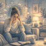 Adult sitting on a couch with eyes closed and hands on temples, visibly overwhelmed by ADHD racing thoughts in a quiet living room setting.