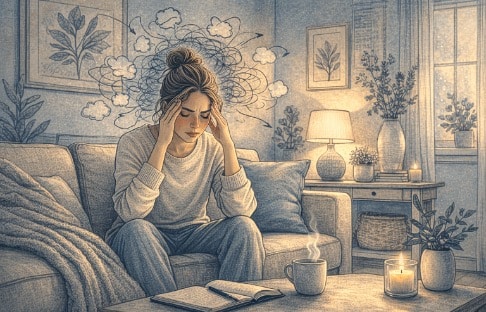 Adult sitting on a couch with eyes closed and hands on temples, visibly overwhelmed by ADHD racing thoughts in a quiet living room setting.