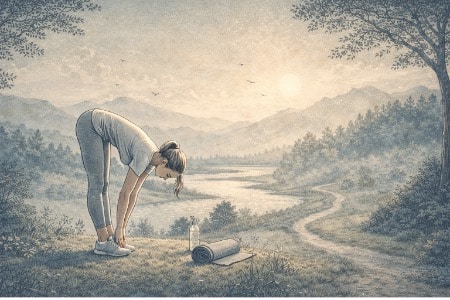 Woman in workout clothes doing a forward bend stretch outdoors beside a rolled yoga mat, practicing relaxation in a calm, natural setting.