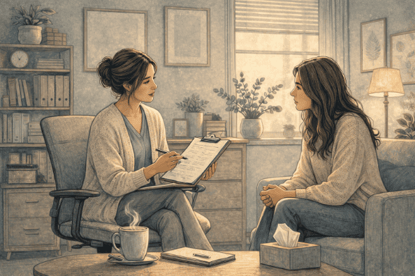 Mental health professional explaining a diagnosis to a patient using a clipboard in a calm, well-lit clinical office, with the patient listening attentively.