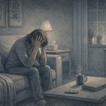Person sitting alone on a couch in a dimly lit living room, head in hands, showing visible signs of emotional exhaustion and mental distress.
