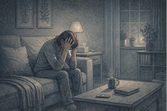 Person sitting alone on a couch in a dimly lit living room, head in hands, showing visible signs of emotional exhaustion and mental distress.