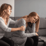 Mother comforting daughter who is managing intergenerational depression