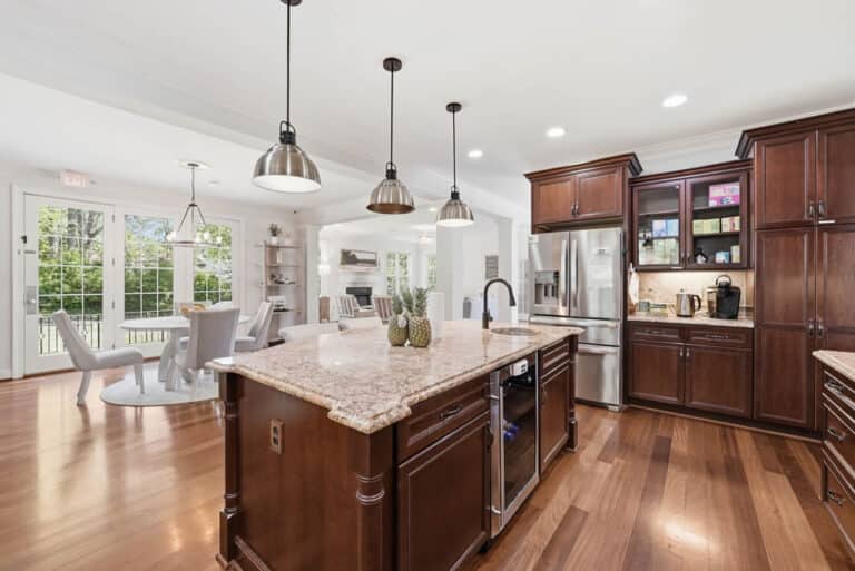 Bright residential treatment center kitchen with spotless floors and countertops