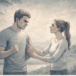 Woman calmly placing her hand on a man's clenched fist during a chronic anger moment outdoors.