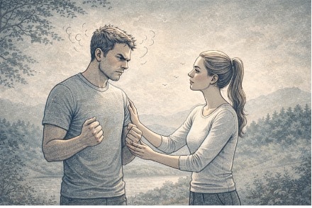 Woman calmly placing her hand on a man's clenched fist during a chronic anger moment outdoors.