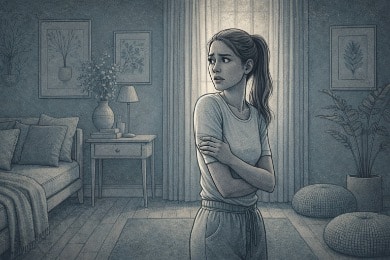 Woman standing tensely in a quiet room, glancing over her shoulder with a worried expression, reflecting hypervigilance and anxiety caused by unresolved trauma.