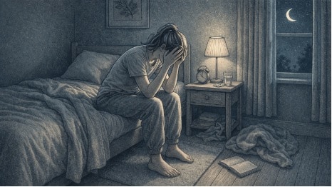 A person sitting on the edge of their bed at night, head in hands, visually depicting the emotional weight and physical restlessness of sleep anxiety.