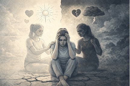 A person sitting alone with a conflicted expression, visually representing the internal emotional struggle of black-and-white thinking associated with BPD splitting.