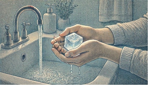 Close-up of hands holding an ice cube over a sink, using cold sensory input as a grounding technique for anxious thoughts.