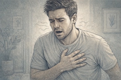 Illustration of a man clutching his chest with shallow breaths showing the fight-or-flight hyperventilation cycle.