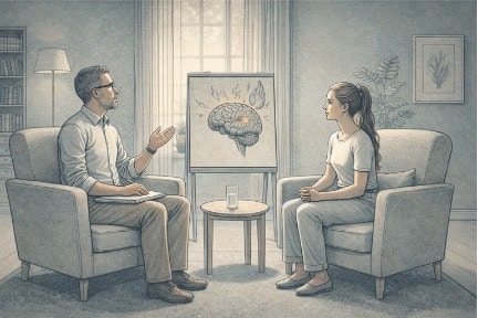 Person sitting across from a therapist in a calm office setting, listening attentively as the therapist explains the brain's emotional threat response during a BPD spiral.