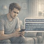 Worried person alone with phone reading a distressing text from a friend in a suicidal crisis