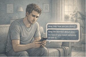 Worried person alone with phone reading a distressing text from a friend in a suicidal crisis