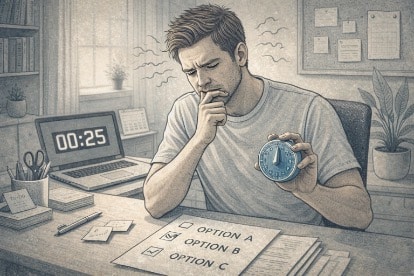 Adult using a kitchen timer while reviewing options on paper, practicing ADHD time-boxed decision-making.