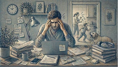 Adult showing sudden irritability as an early warning sign of ADHD overstimulation due to background noises during a stressful workday at home.