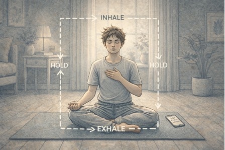Person sitting cross-legged on a yoga mat, practicing box breathing with eyes closed to manage rising anger and emotional dysregulation.