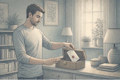 Man placing a wax-sealed envelope into a wooden keepsake box, symbolizing the act of writing and setting aside an unsent letter during trauma healing.