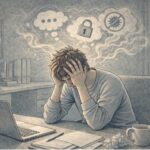 Person sitting at a desk with their head in their hands, visibly overwhelmed and distressed as intrusive thoughts and compulsive urges disrupt their ability to function during the day.