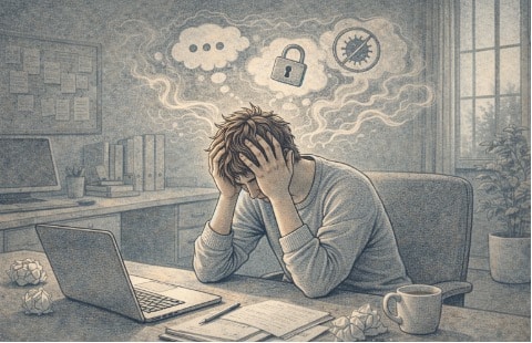 Person sitting at a desk with their head in their hands, visibly overwhelmed and distressed as intrusive thoughts and compulsive urges disrupt their ability to function during the day.