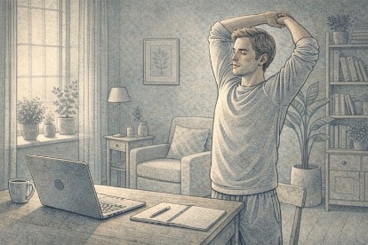 Man stretching beside his desk during a short movement break to reset ADHD focus between tasks.