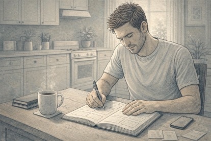 Adult journaling a weekly decision template at a kitchen table, building ADHD-friendly default choices.