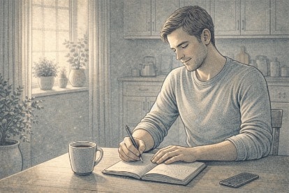Man at a kitchen table writing in a notebook, practicing cognitive reframing to challenge anxious thoughts.