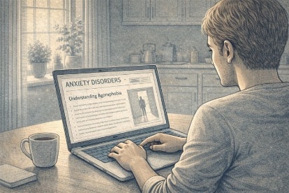 Person reading about anxiety disorders on a laptop at home to better understand a friend with agoraphobia.