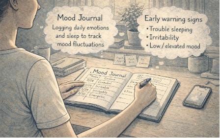 Person writing in a mood journal at a desk, logging daily emotions and sleep patterns to monitor bipolar disorder warning signs.