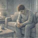 Adult sitting quietly on a couch with hands clasped, looking downward with a fatigued expression, representing the weight of a bipolar depressive episode at home.