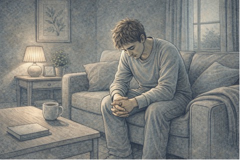 Adult sitting quietly on a couch with hands clasped, looking downward with a fatigued expression, representing the weight of a bipolar depressive episode at home.