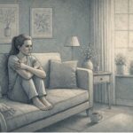 Woman sitting alone on a couch, arms wrapped around herself, staring blankly into the distance, showing signs of emotional withdrawal and unresolved trauma.