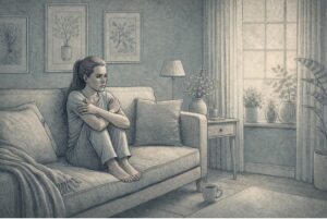 Woman sitting alone on a couch, arms wrapped around herself, staring blankly into the distance, showing signs of emotional withdrawal and unresolved trauma.