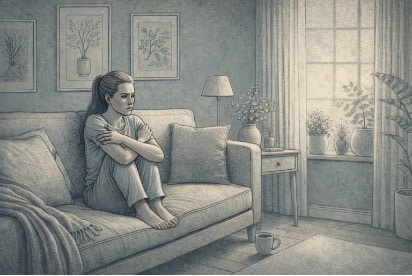 Woman sitting alone on a couch, arms wrapped around herself, staring blankly into the distance, showing signs of emotional withdrawal and unresolved trauma.