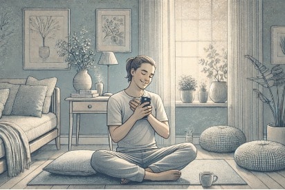 Person sitting cross-legged in a peaceful living room, smiling at their phone during a supportive mental health text conversation.