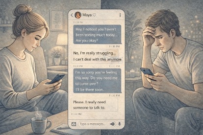 Two people exchanging text messages in a supportive crisis conversation about suicidal thoughts over text