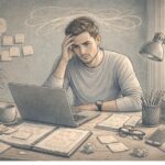 Adult with ADHD at a cluttered desk looking overwhelmed by choices, illustrating daily decision paralysis.