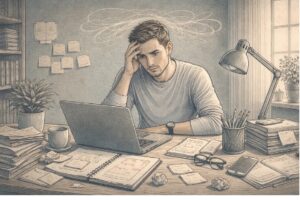 Adult with ADHD at a cluttered desk looking overwhelmed by choices, illustrating daily decision paralysis.