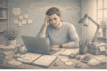 Adult with ADHD at a cluttered desk looking overwhelmed by choices, illustrating daily decision paralysis.