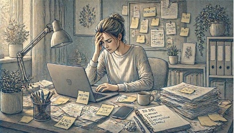An adult with ADHD struggling to focus on work due to environmental distractions and overwhelm.