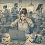 Adult experiencing ADHD overstimulation from sensory overload in a busy office environment.