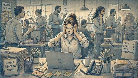 Adult experiencing ADHD overstimulation from sensory overload in a busy office environment.