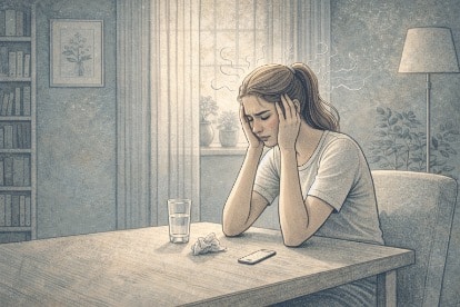 Young woman sitting alone at a table looking stressed, illustrating emotional vulnerability as a bulimia relapse trigger.
