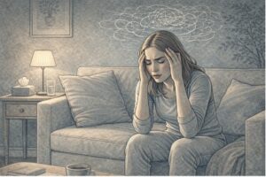 Young woman on a couch with hands pressed to her temples, showing the intensity of an anxious thought spiral.
